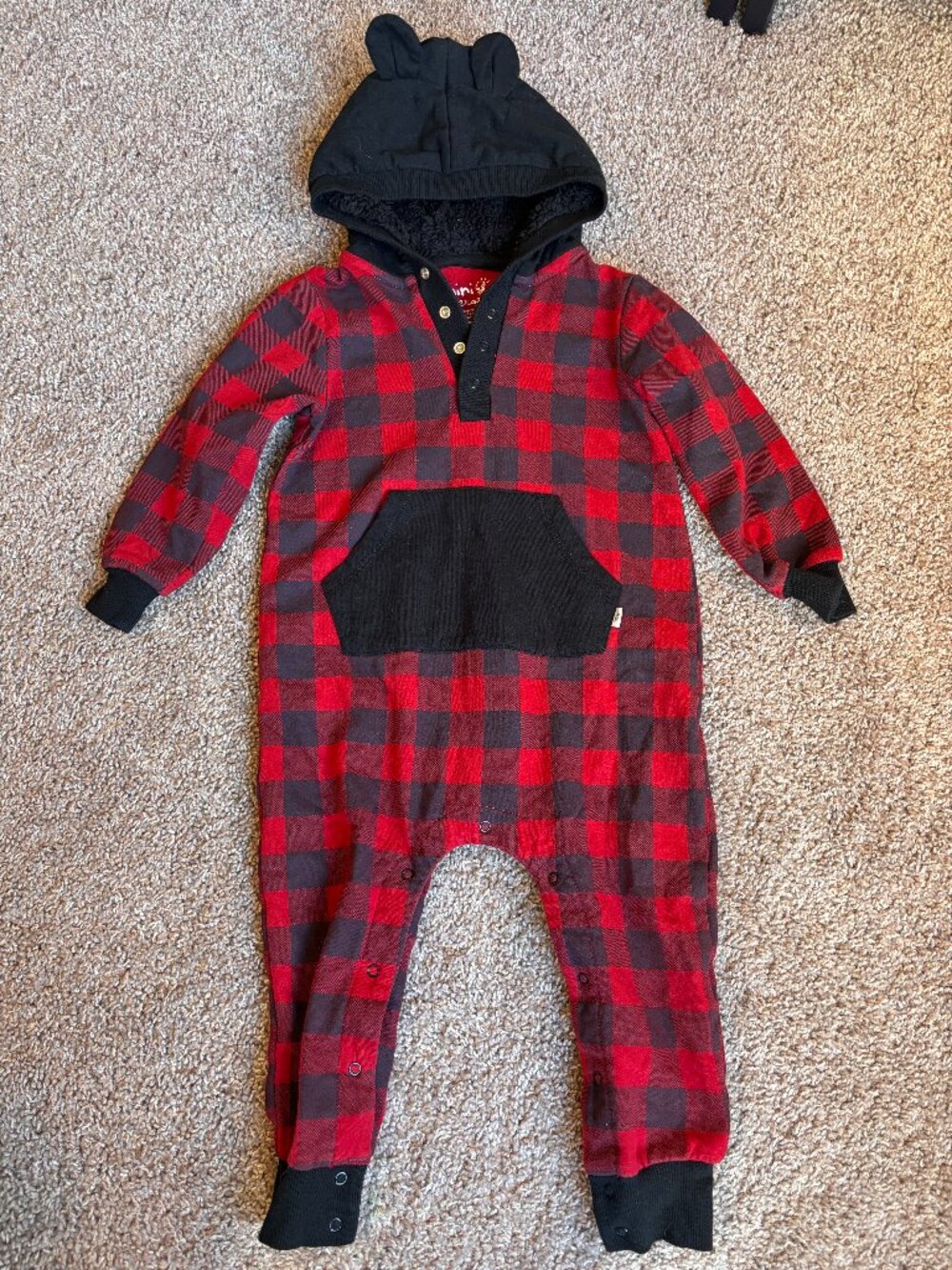 Mini Heroes Baby Buffalo Plaid Hooded Romper 24M Red Black Fleece Lined